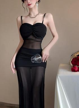 夜总会性感透视网纱吊带连衣裙夜场ktv高级感礼服裙低胸收腰长裙