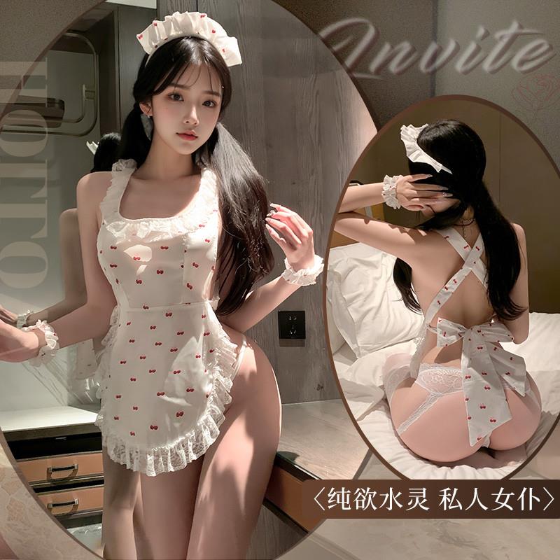 水灵樱桃印花蕾丝花边露臀围裙女仆制服性感裸背诱惑仿真丝睡裙