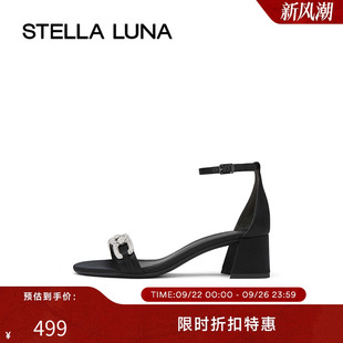 春夏百搭露趾水钻沙丁布中粗跟一字带凉鞋 LUNA女鞋 管乐同款