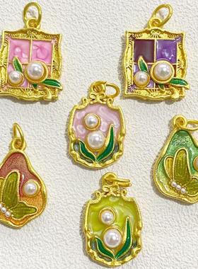 高保色沙金莫奈花园油画珍珠挂坠中古风项链吊坠毛衣链花朵滴釉款