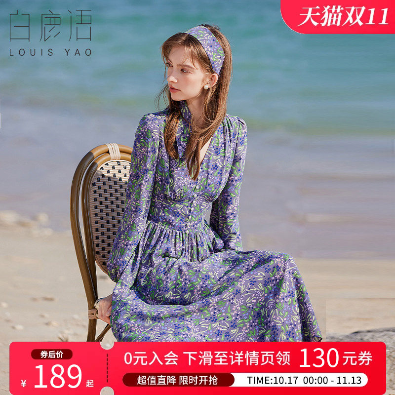 白鹿语茶歇法式碎花长袖连衣裙春夏海边独度浪漫雪纺V领裙子