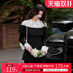 衬衫 白鹿语异质拼接撞色设计感上衣25春新款 女式 长袖 气质翻领修身