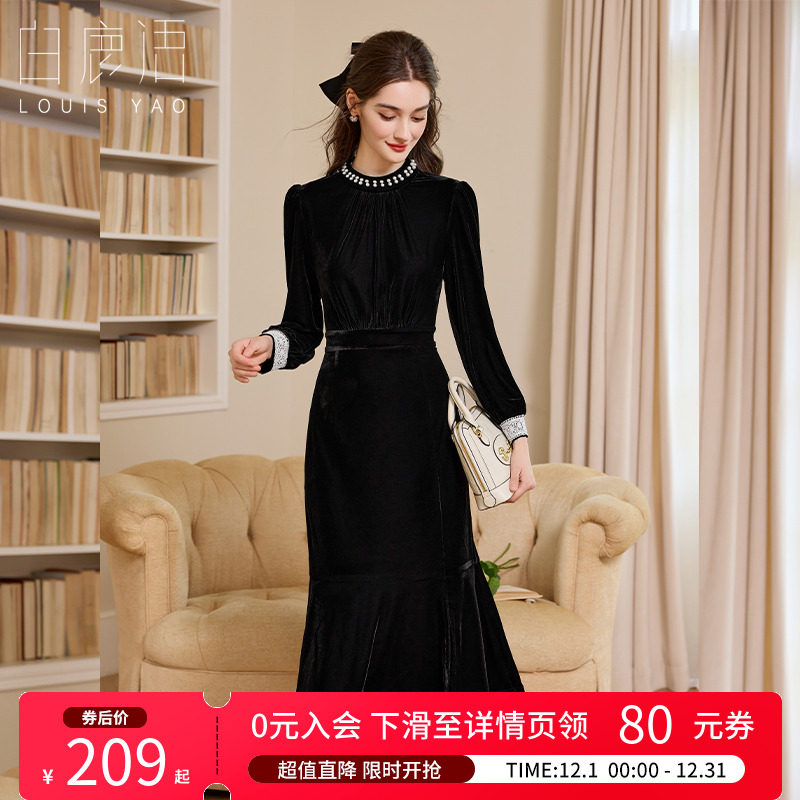 白鹿语赫本风丝绒连衣裙25早秋新款高级感名媛修身显瘦黑色小礼裙