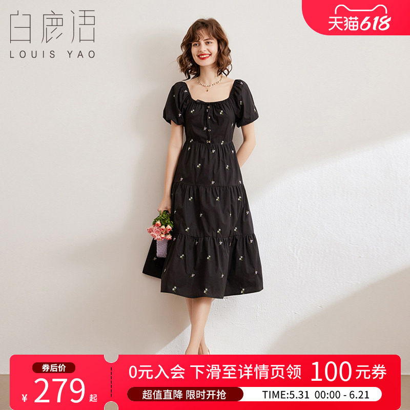 白鹿语法式撞色绣花连衣裙2025年夏季款方领泡泡短袖浪漫长款裙子