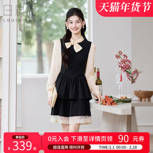 白鹿语富家千金撞色假两件连衣裙26春新款轻熟甜美修身蝴蝶结裙子