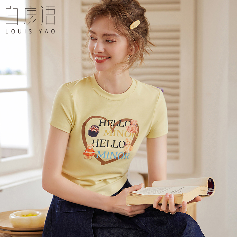 白鹿语爱心印花短袖上衣女