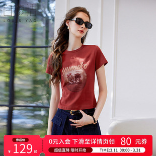 白鹿语美式辣妹短袖t恤女春夏款复古印花短款正肩修身上衣