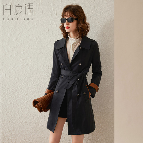 白鹿语翻领中长款休闲双排扣风衣