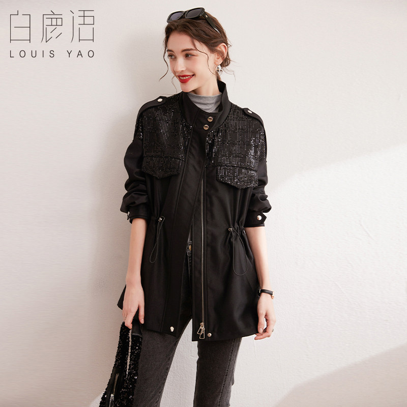 白鹿语休闲风立领收腰上衣春秋款时尚拼接珠片无弹长袖女式外套,女装/女士精品,短外套,淘宝优惠券,粉丝福利购,淘宝优惠卷