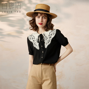 衬衫 白鹿语撞色镂空娃娃领衬衣夏款 女式 减龄通勤短袖 时尚