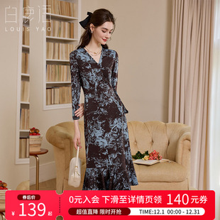 白鹿语法式 慵懒松弛感收腰显瘦女连衣裙 复古印花长裙25秋新款