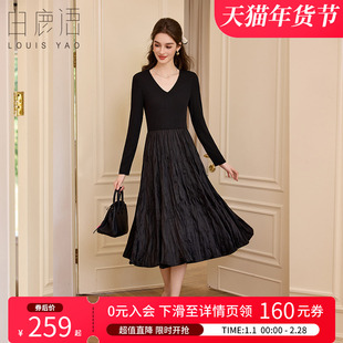 白鹿语 针织拼接压褶大裙摆连衣裙 收腰显瘦长袖V领中长裙小黑裙