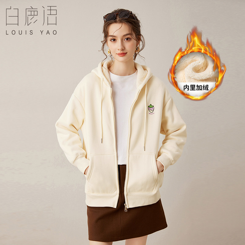 白鹿语个性印花抽绳连帽外套冬新款加绒加厚长袖女式休闲卫衣