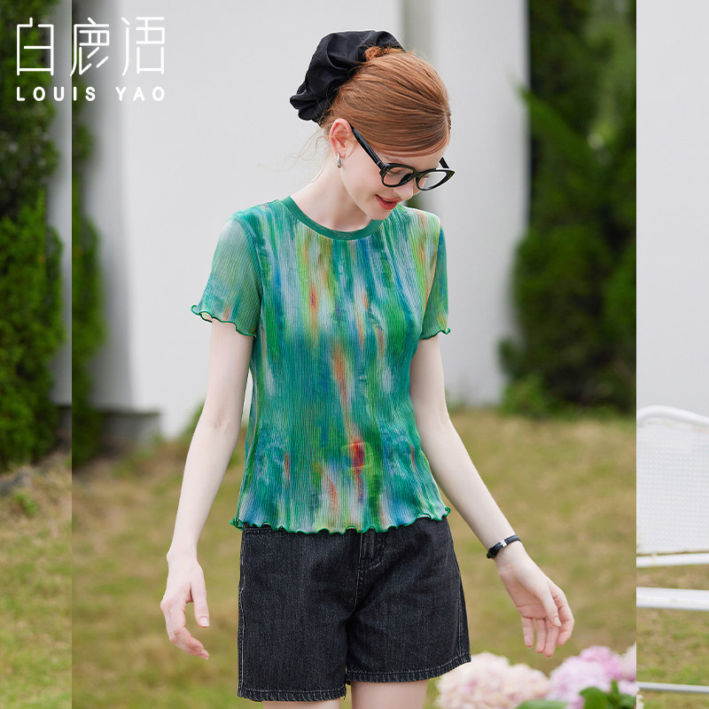 白鹿语设计感抽象印花休闲短袖