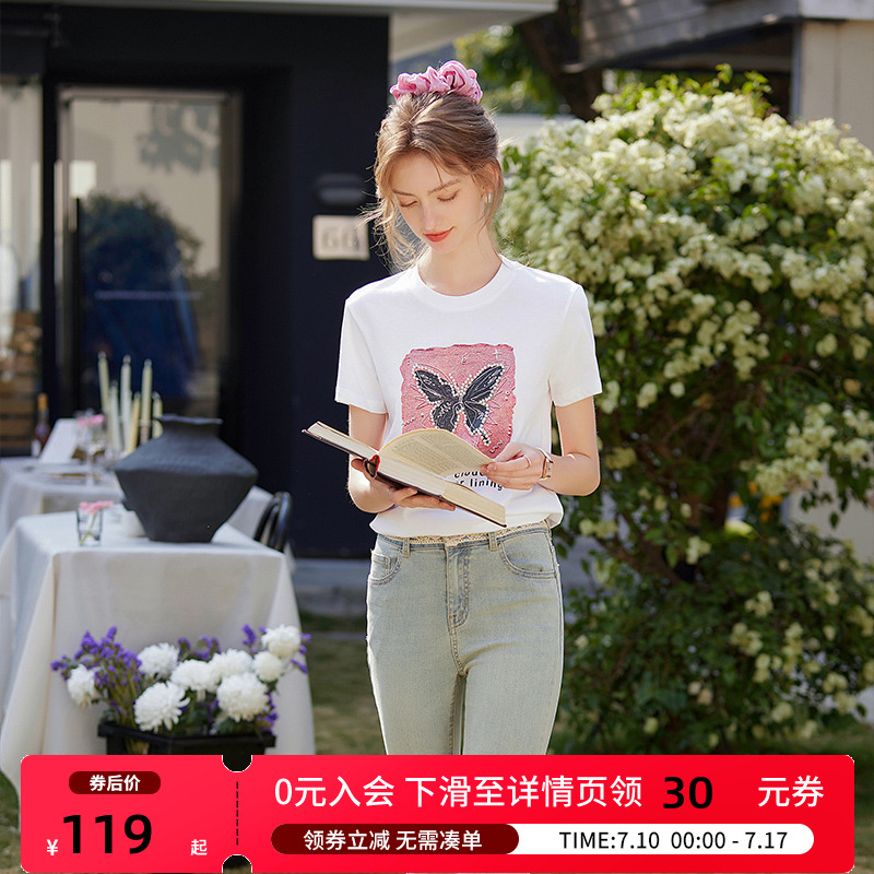 白鹿语短袖常规钉珠蝴蝶结T恤