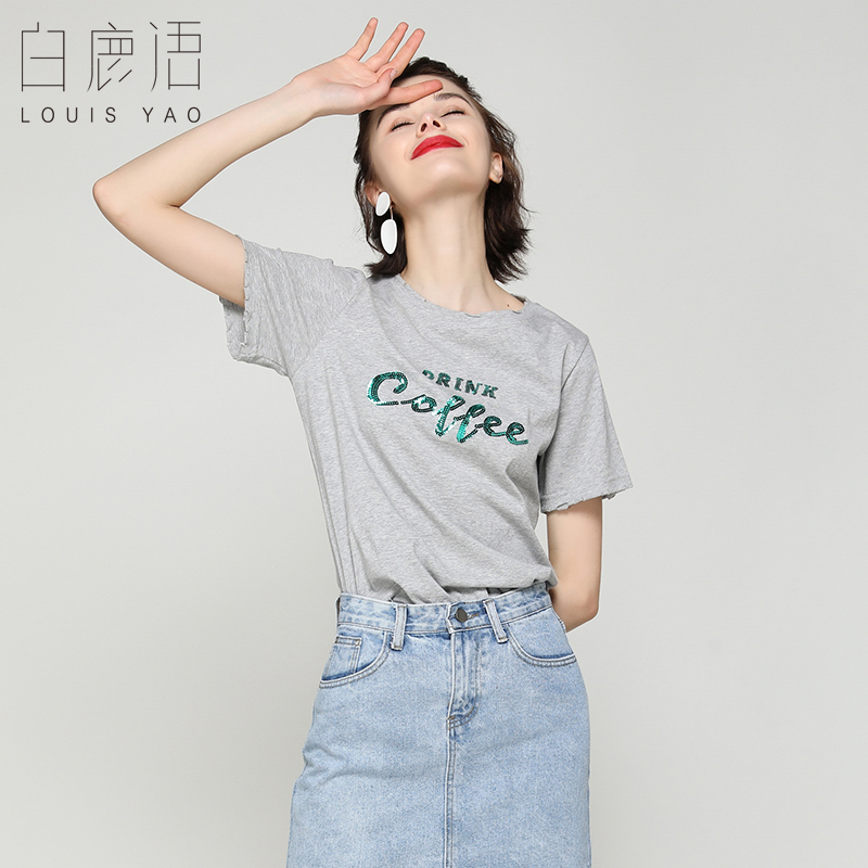 白鹿语短袖休闲字母印花亮片T恤