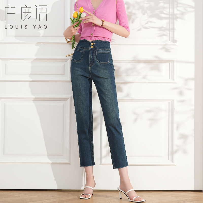 白鹿语复古宽腰头九分裤2025春款气质牛仔个性口袋设计女式牛仔裤
