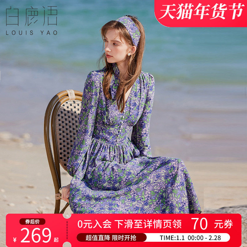 白鹿语茶歇法式碎花长袖连衣裙春夏海边独度浪漫雪纺V领裙子