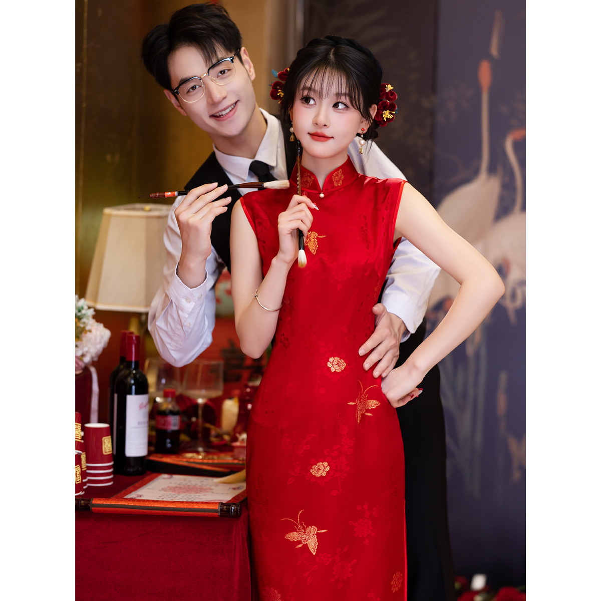 红色真丝旗袍敬酒服修身订婚礼服