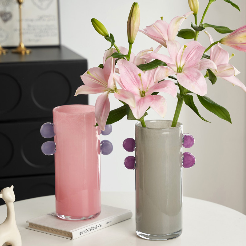 设计师款琉璃中古花瓶双拼色鲜花百合插花器玻璃软装饰品艺术法式