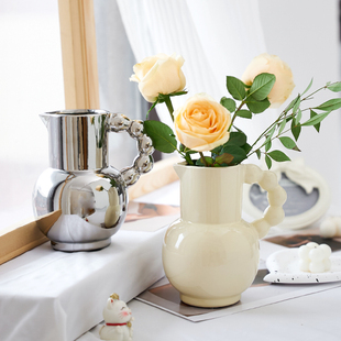 ins风手提陶瓷奶壶花瓶摆件北欧客厅插花鲜花干花高级感法式 艺术