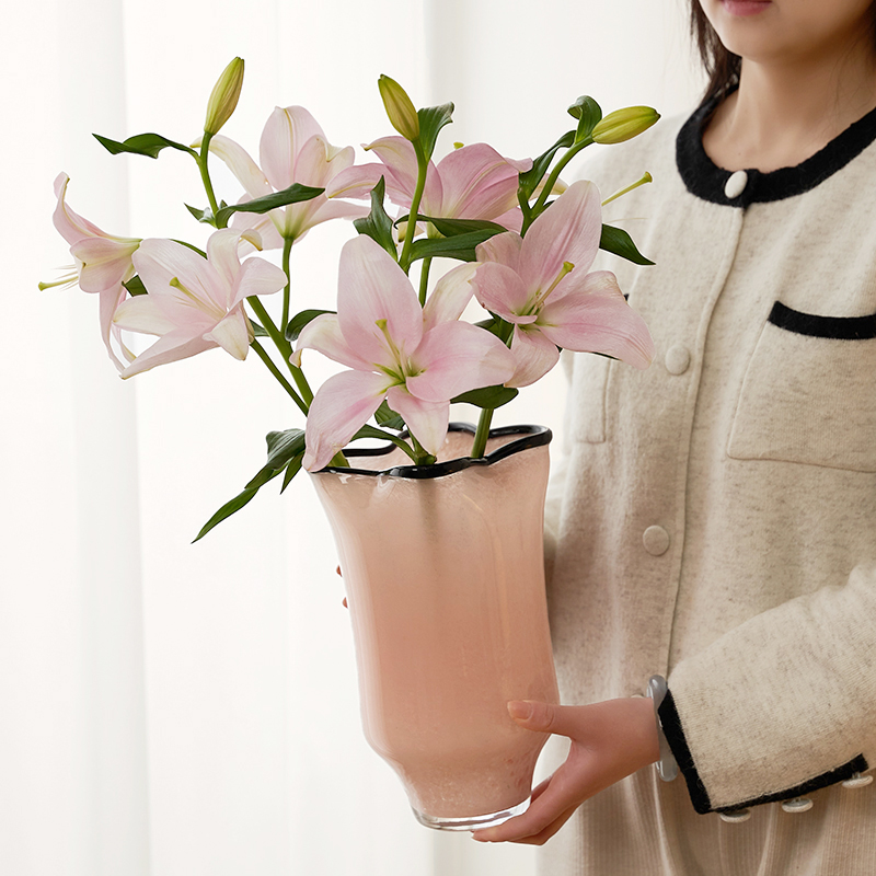 中古黑边手工琉璃花瓶粉色插花器