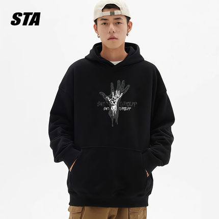 STA旗舰店美式潮牌连帽卫衣男女秋冬季加绒街头重磅纯棉宽松外套