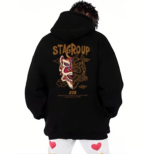 STA旗舰店醒狮设计连帽卫衣男女秋冬季美式潮牌街头重磅纯棉外套