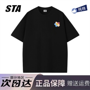 STA旗舰店美式 男女潮牌高街重磅纯棉宽松黑色t恤 简约设计感短袖