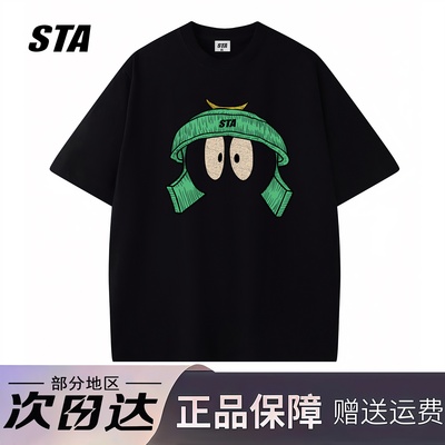 STA旗舰店美式潮牌印花短袖男女夏季街头复古重磅宽松情侣黑色T恤