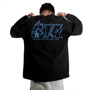 STA旗舰店火焰字母长袖T恤男女美式潮牌重磅纯棉情侣宽松休闲卫衣
