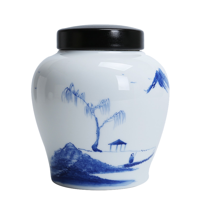 吉祥缘德化白瓷手绘画山水茶叶罐