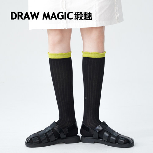 DRAWMAGIC/缎魅黑色复古泡泡口小腿袜女袜子显瘦长筒袜及膝高筒袜