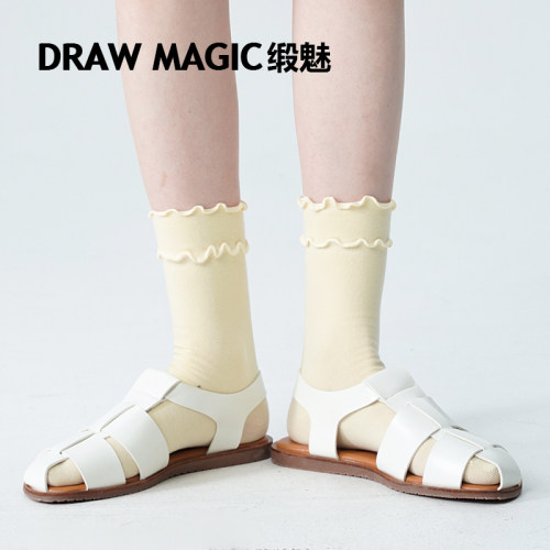 DRAWMAGIC/缎魅奶黄色夏季薄款袜子女花边口中筒袜ins潮搭配凉鞋