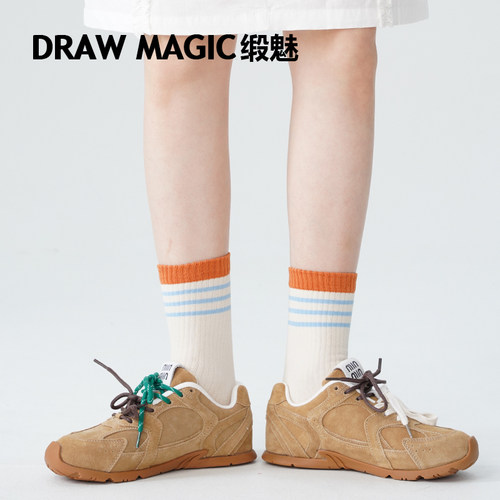 DRAWMAGIC/缎魅春夏撞色条纹袜子女中筒袜ins潮韩版春秋薄款长袜