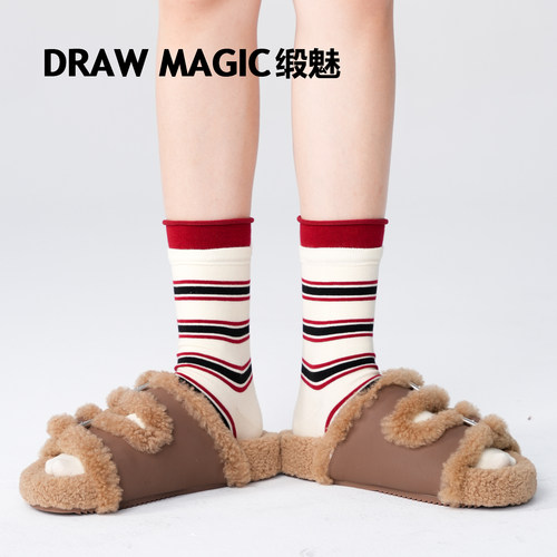 DRAWMAGIC/缎魅双罗口撞色袜子女条纹搭配小皮鞋中筒袜春秋长袜棉