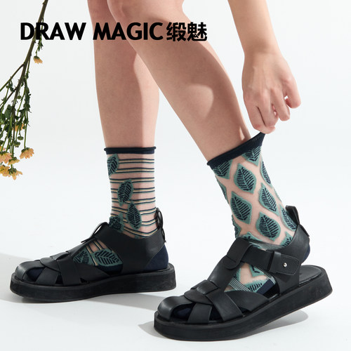 玻璃丝袜子女夏季薄款艺术植物几何条纹透明水晶丝袜中筒袜透丝袜