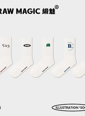 白色袜子男春秋潮牌字母情侣款运动学院风长绒棉中筒袜长袜女潮流
