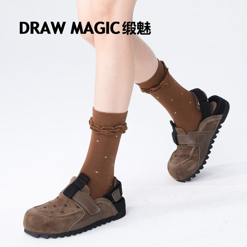 DRAWMAGIC/缎魅咖啡小圆点时尚波点袜子女款中筒袜春秋花边长袜棉