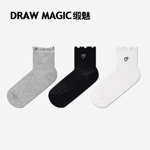 DRAWMAGIC/缎魅花边口夏季薄款袜子女短筒袜中长袜黑白灰色芭蕾风