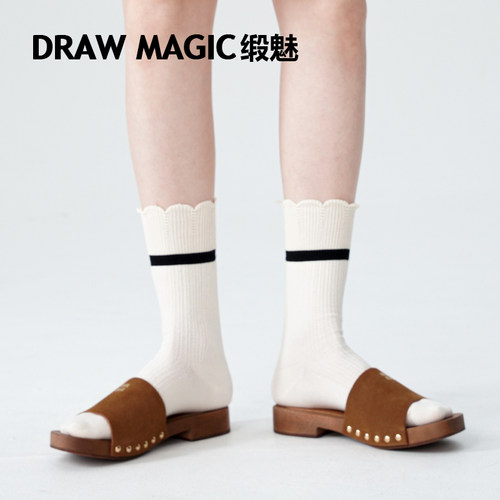 DRAWMAGIC/缎魅春秋袜子女中筒袜黑白色条纹搭配凉鞋长袜秋款棉袜