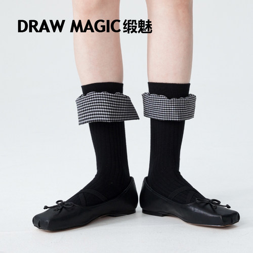 DRAWMAGIC/缎魅袜子女款格子花边春秋中筒袜miu系配玛丽珍皮鞋黑