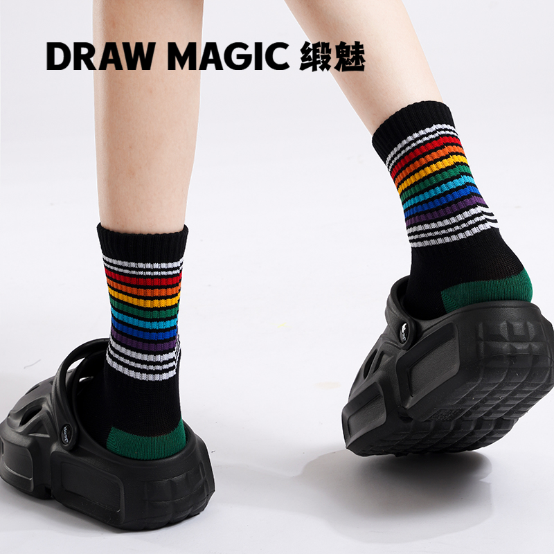 缎魅秋冬彩虹条纹袜子女中筒袜