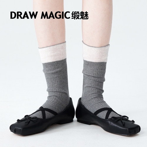 DRAWMAGIC/缎魅灰色堆堆袜子中筒袜搭配小皮鞋乐福鞋长袜棉袜春秋