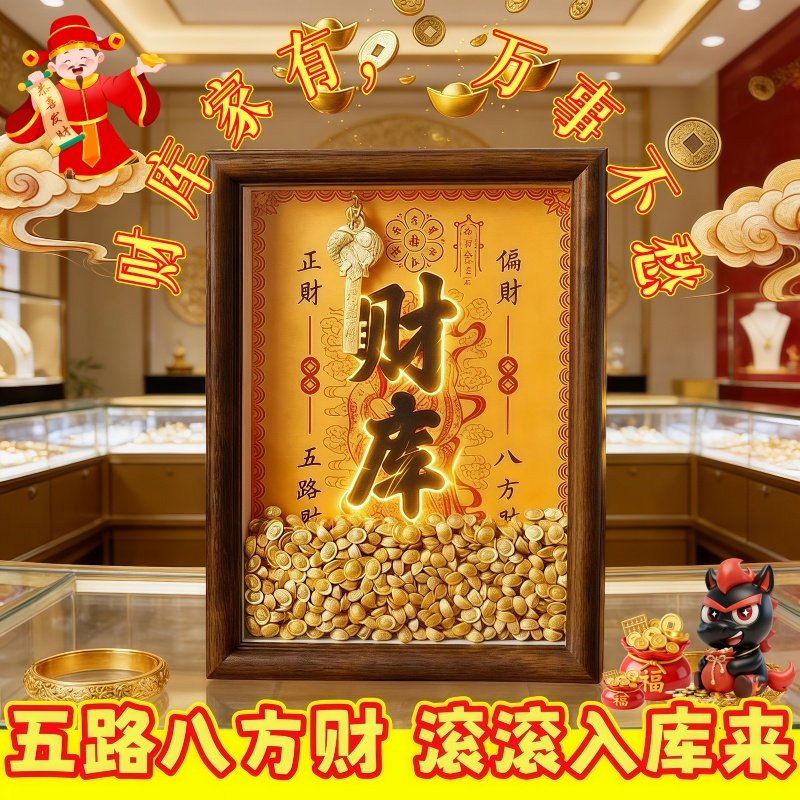 2026年财库摆件相框五路财神黄财神爷福财客厅办公室开财补库钥匙,家居饰品,装饰摆件,淘宝优惠券,粉丝福利购,淘宝优惠卷
