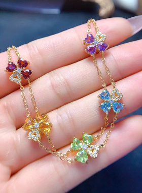 s925银镶嵌天然彩色手链 石榴石 黄水晶 橄榄石 托帕石 紫水晶