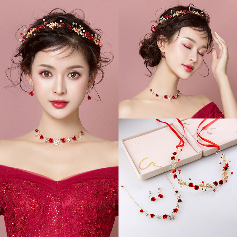 新娘头饰敬酒服红色中式简单大气