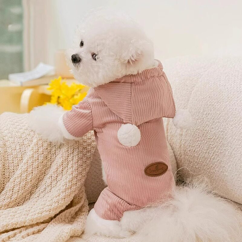秋冬季小狗狗衣服双毛球皮标灯芯绒连帽泰迪比熊小型幼犬宠物棉衣