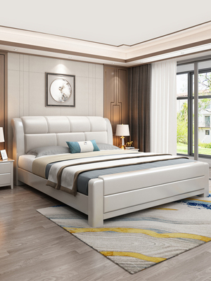 胡桃木实木床1.8米双人床现代白色简约高箱储物1.5美式轻奢真皮床