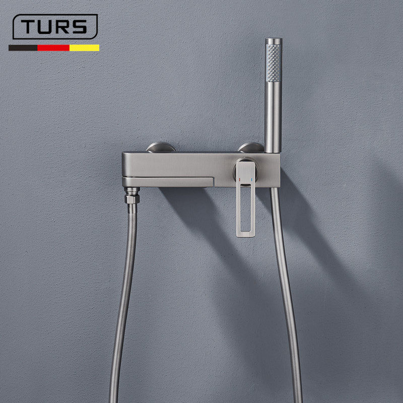 德国枪灰色全铜浴室缸边式浴缸龙头冷热混水阀简易淋浴花洒套装